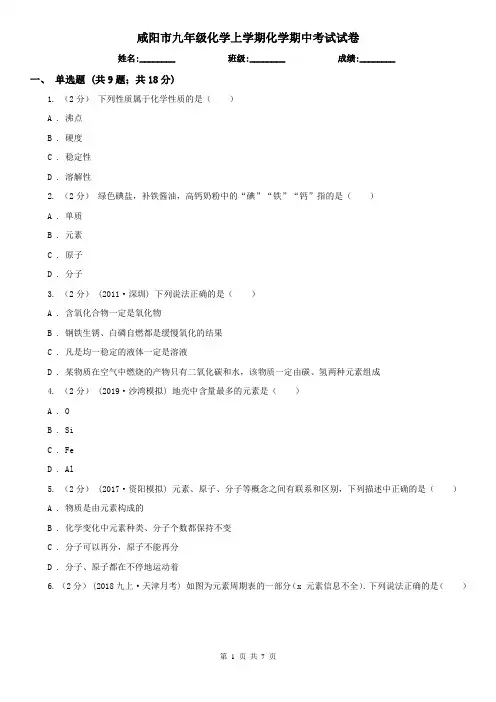 咸阳市九年级化学上学期化学期中考试试卷