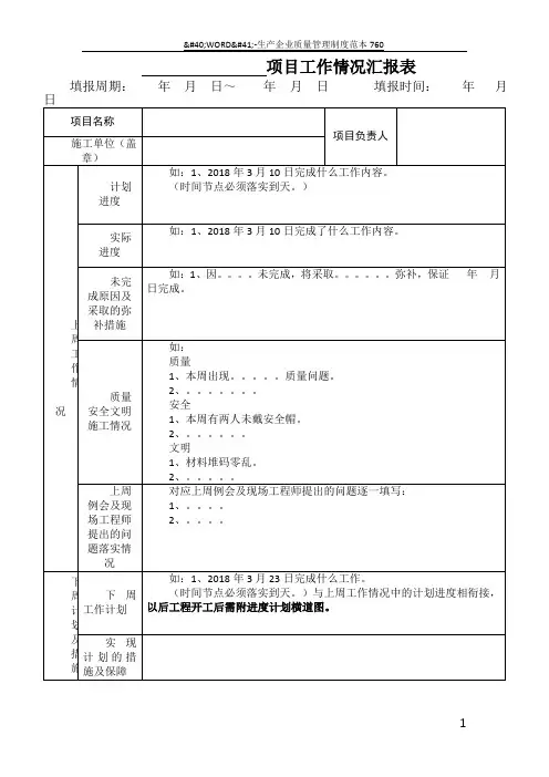 项目施工进度情况汇报表