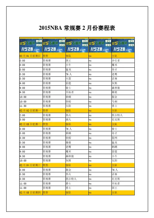 2015NBA常规赛2月份赛程表