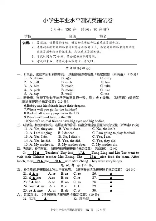 小学生毕业水平测试英语试卷