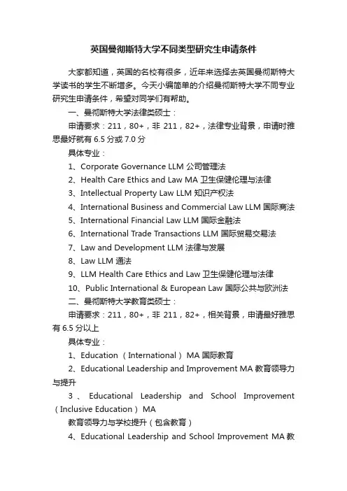 英国曼彻斯特大学不同类型研究生申请条件