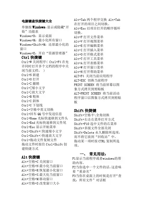 你能用到的电脑键盘快捷键大全