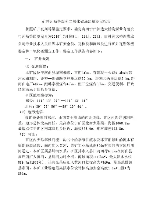 大桥沟煤业公司瓦斯等级鉴定报告