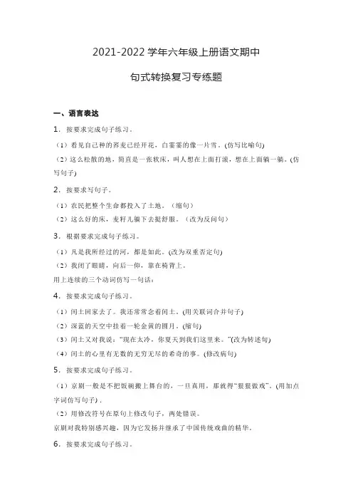 2021-2022学年六年级上册语文期中句式转换复习专练题