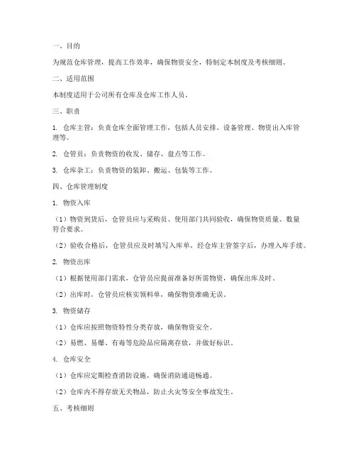 仓库管理制度及考核细则