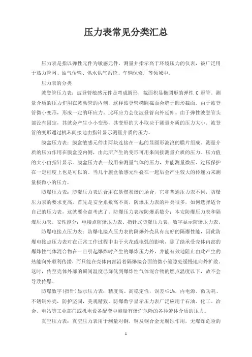 压力表常见分类汇总