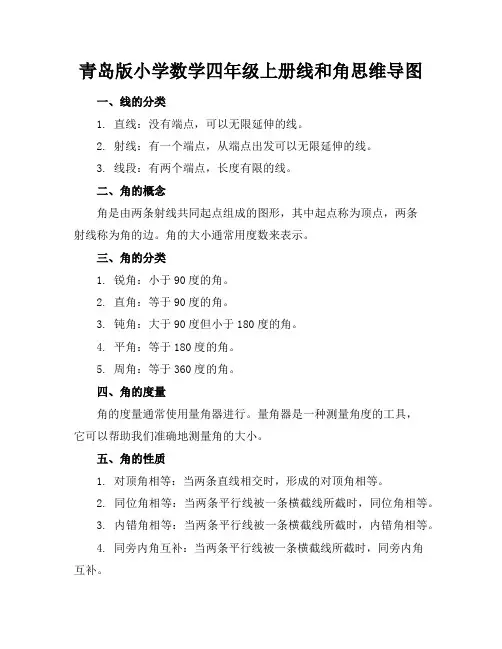 青岛版小学数学四年级上册线和角思维导图(1页)