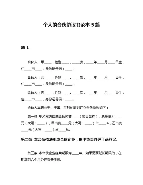 个人的合伙协议书范本5篇