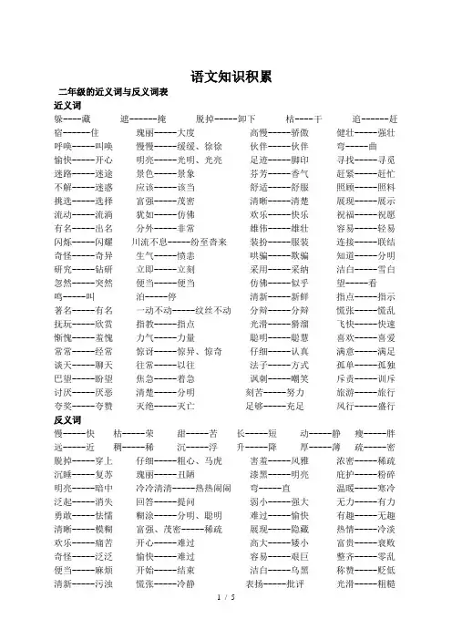 二年级语文复习——量词、近义词反义词、多音字、小结
