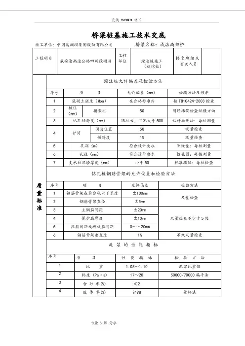 旋挖钻孔灌注桩施工技术交底记录大全