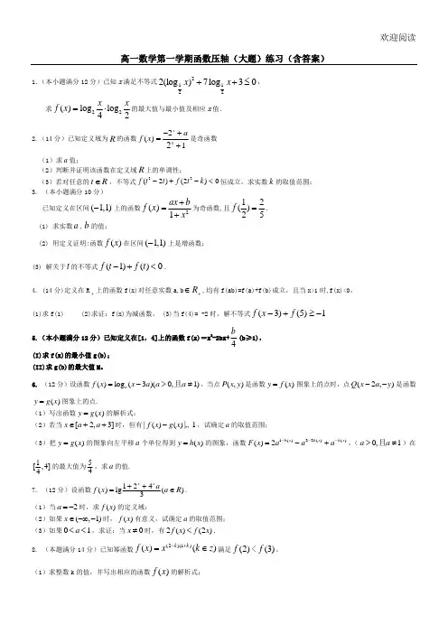 高一数学第一学期函数压轴(大题)练习(含答案)