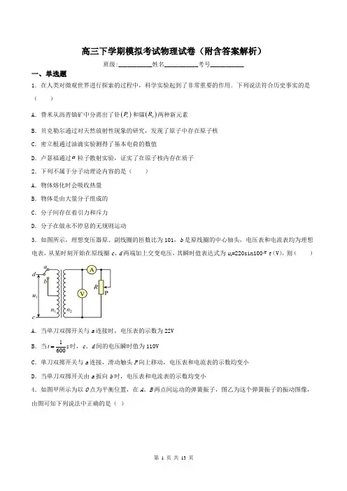 高三下学期模拟考试物理试卷(附含答案解析)