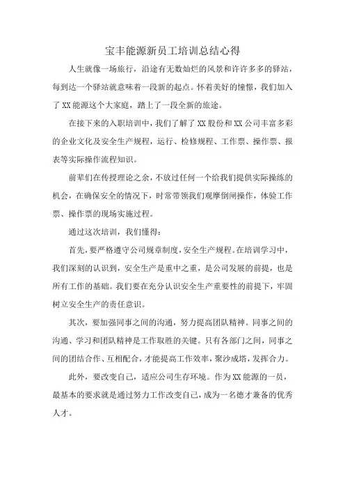 宝丰能源新员工培训总结心得