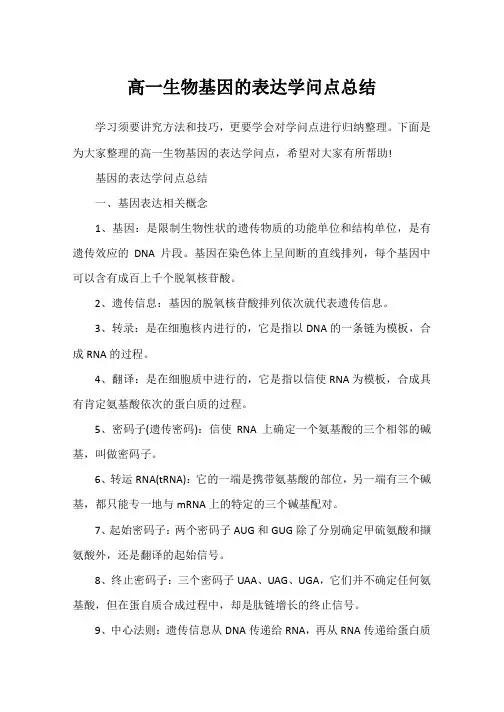 高一生物基因的表达知识点总结