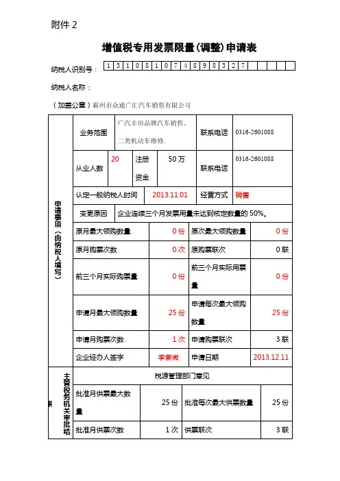 增值税专用发票限量(调整)申请表