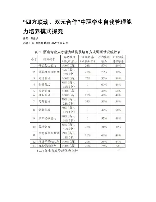 “四方联动，双元合作”中职学生自我管理能力培养模式探究
