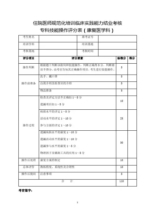 住院医师规范化培训临床实践能力结业考核专科技能操作评分表(康复医学科)