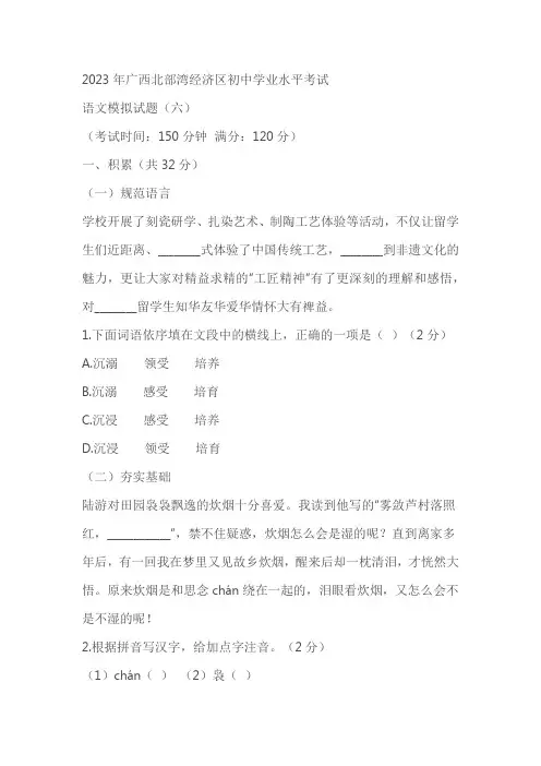 2023年广西北部湾经济区初中学业水平考试语文模拟试题(6)(含答案)