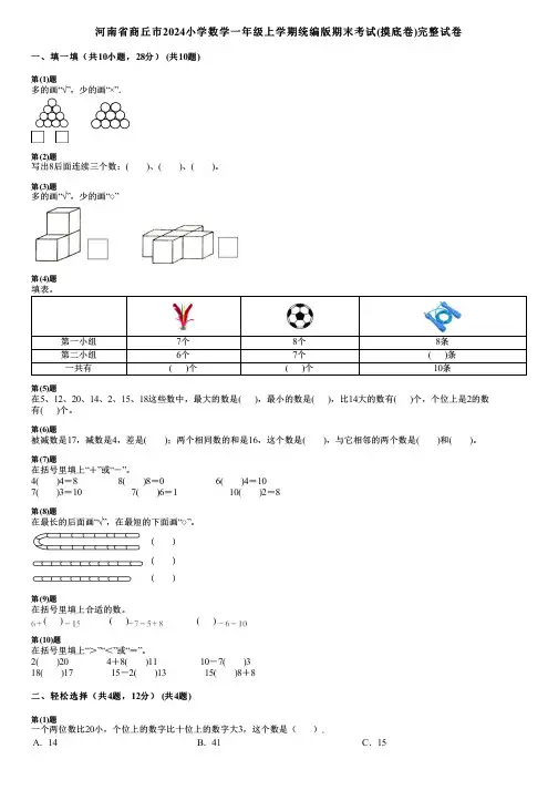 河南省商丘市2024小学数学一年级上学期统编版期末考试(摸底卷)完整试卷