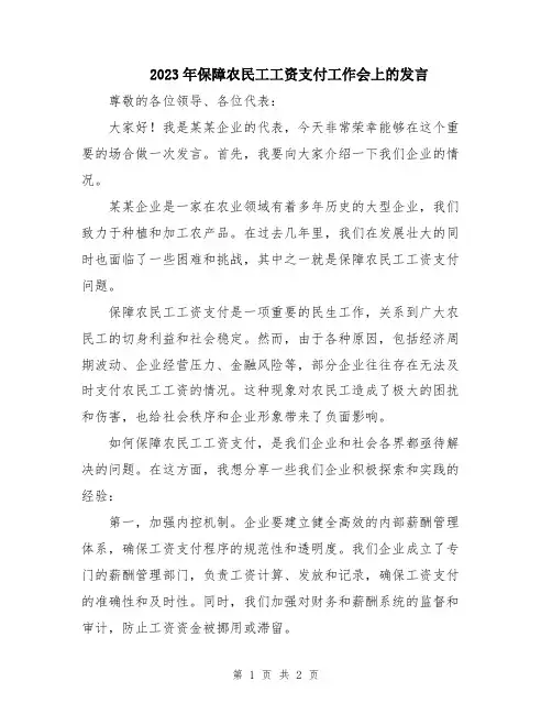 2023年保障农民工工资支付工作会上的发言