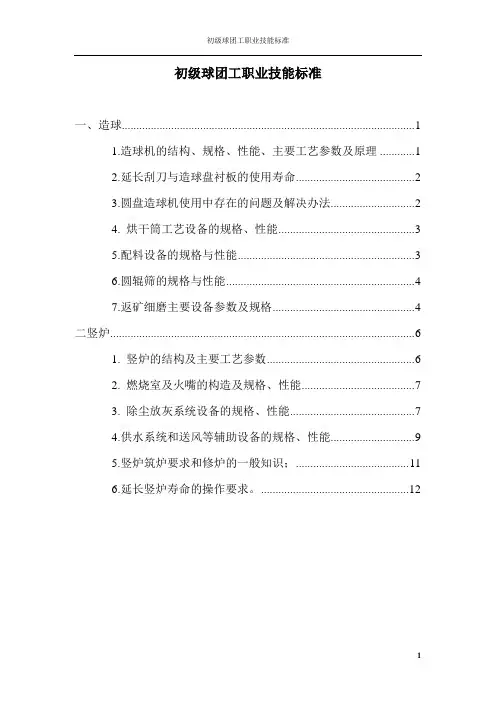 球团竖炉、初级球团工职业技能设备方面标准