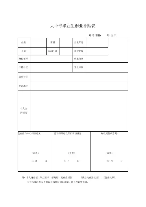 大学生创业补贴申请表下载