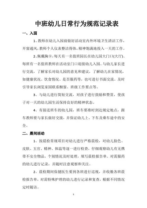 中班幼儿日常行为规范记录表