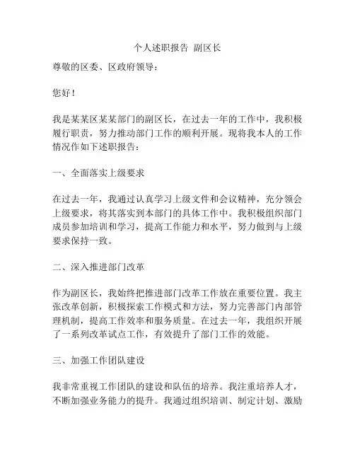 个人述职报告  副区长