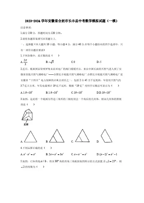 2023-2024学年安徽省合肥市长丰县中考数学模拟试题(一模)(含答案)