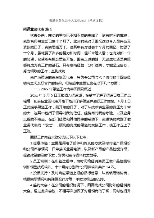 渠道业务代表个人工作总结（精选3篇）