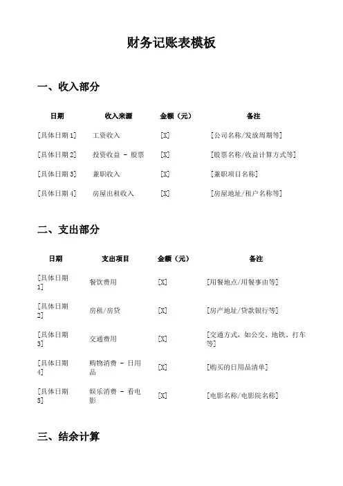 财务记账表模板