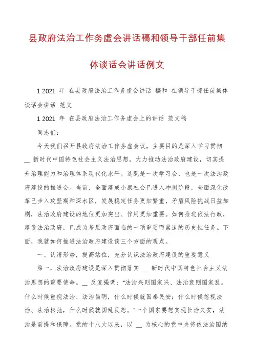 县政府法治工作务虚会讲话稿和领导干部任前集体谈话会讲话例文