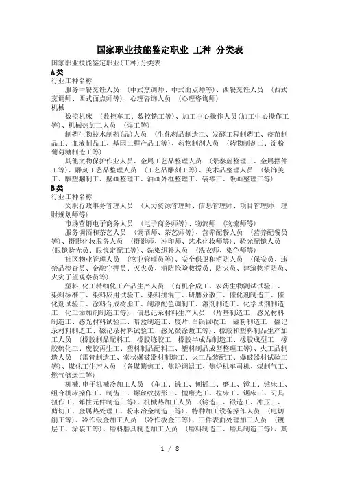 国家职业技能鉴定职业-工种-分类表