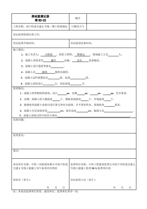 混凝土浇筑旁站监理记录