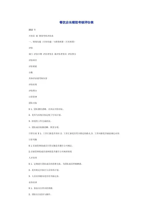 餐饮店长绩效考核评估表