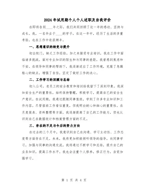 2024年试用期个人个人述职及自我评价（3篇）