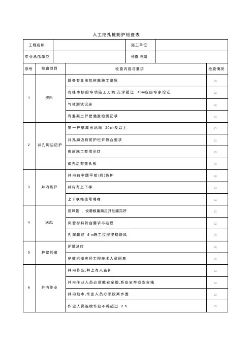 人工挖孔桩防护检查表