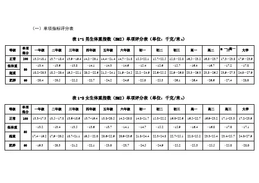 体质测试各项评分标准