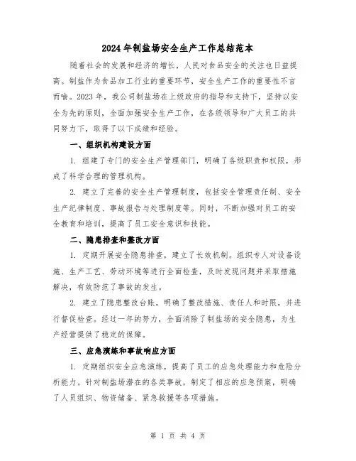 2024年制盐场安全生产工作总结范本(2篇)