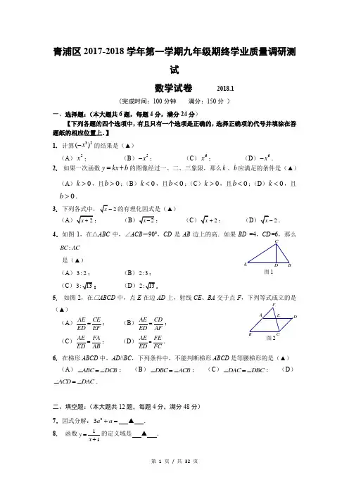 2018届浦东新区各科中考一模试卷