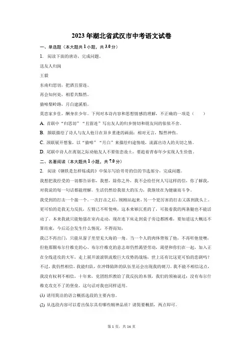 2023年湖北省武汉市中考语文试卷(含解析)