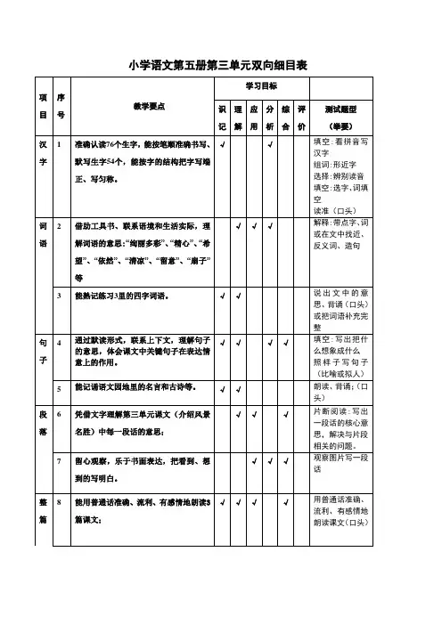 小学语文三年级上册第三单元双向细目表