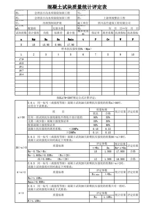 水工混凝土试块统计评定表