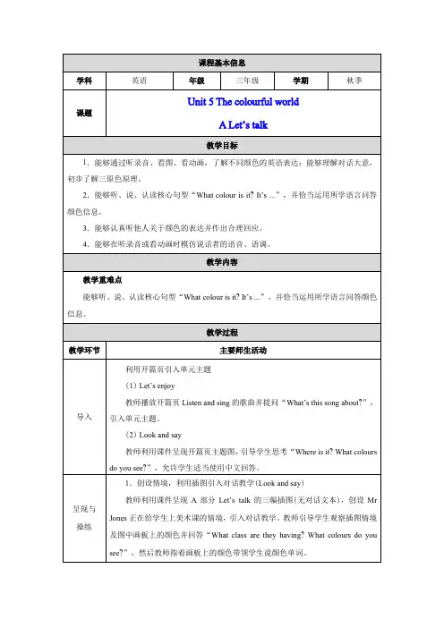 PEP三上英语Unit 5  Part A Let's talk优质课教学设计