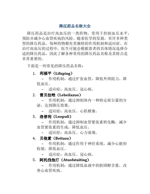 降压药品名称大全