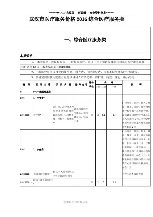 武汉市医疗服务价格2016综合医疗服务类