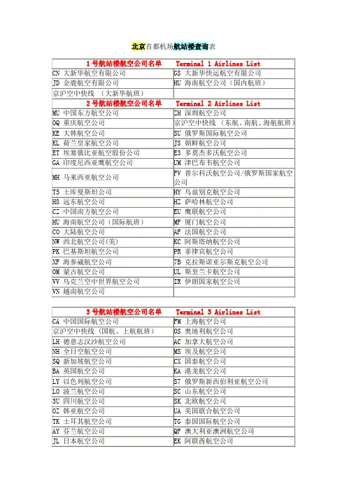 北京首都机场航站楼查询表