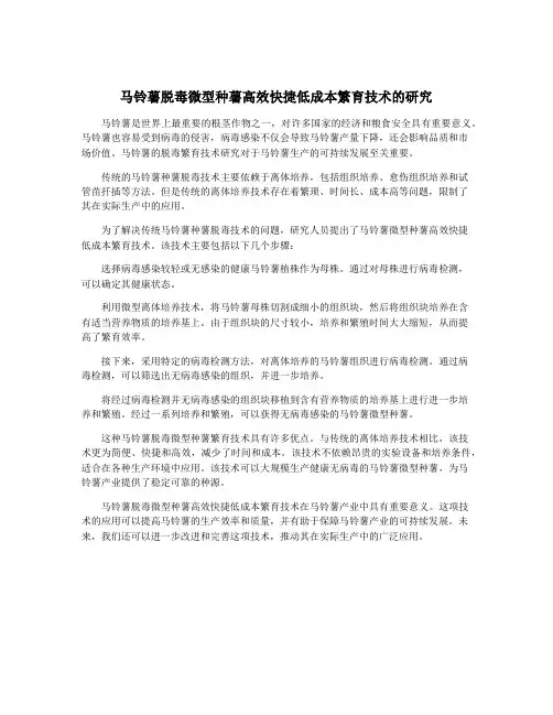 马铃薯脱毒微型种薯高效快捷低成本繁育技术的研究