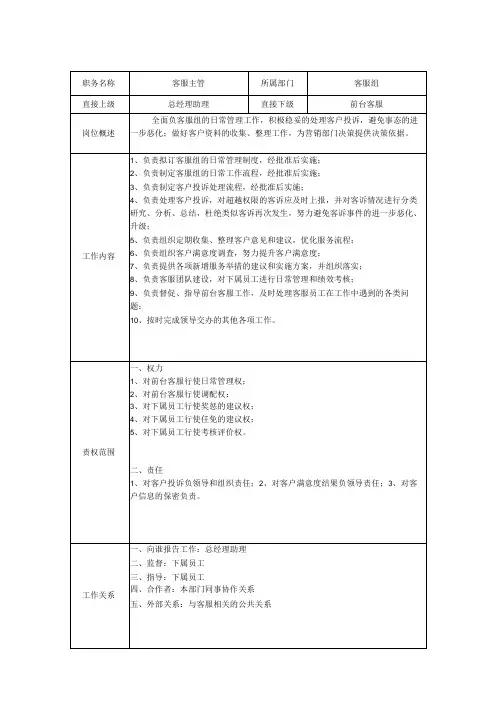 客服主管岗位职责说明书