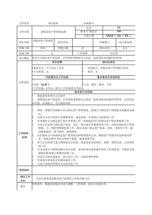岗位工作标准采购及资产管理岗